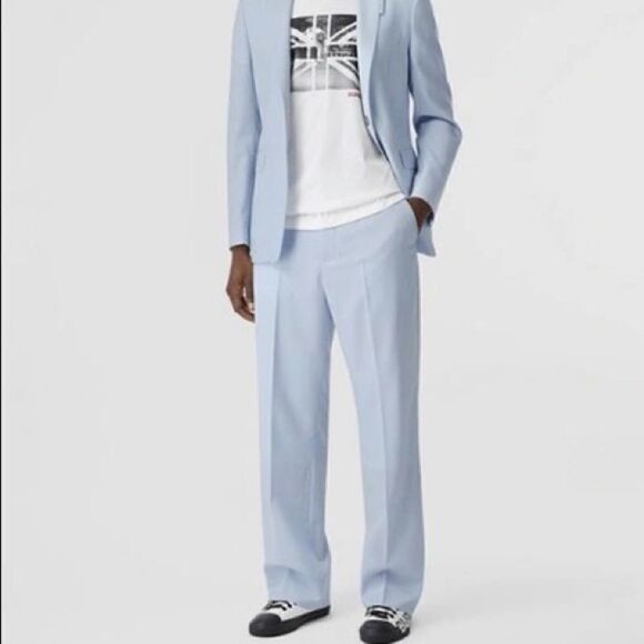 Burberry TUMBLED WOOL WIDE-LEG TROUSERS IN PALE BLUE, NWT - Picture 1 of 12